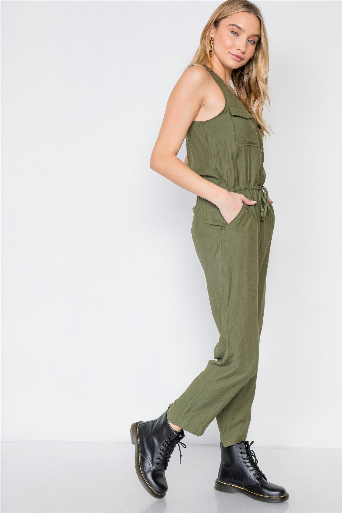 Olive Button-Front Sleeveless Casual Jumpsuit /3-2-1