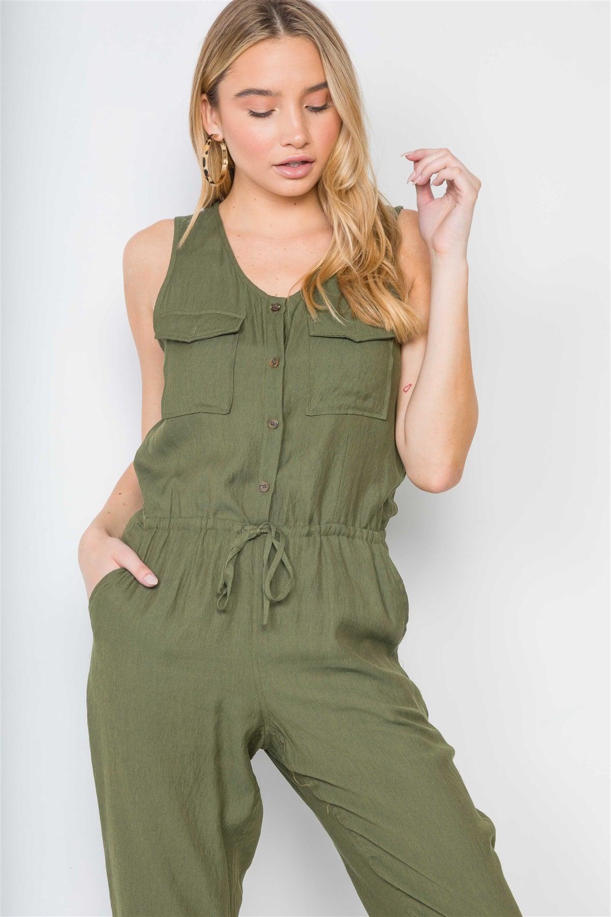 Olive Button-Front Sleeveless Casual Jumpsuit /3-2-1