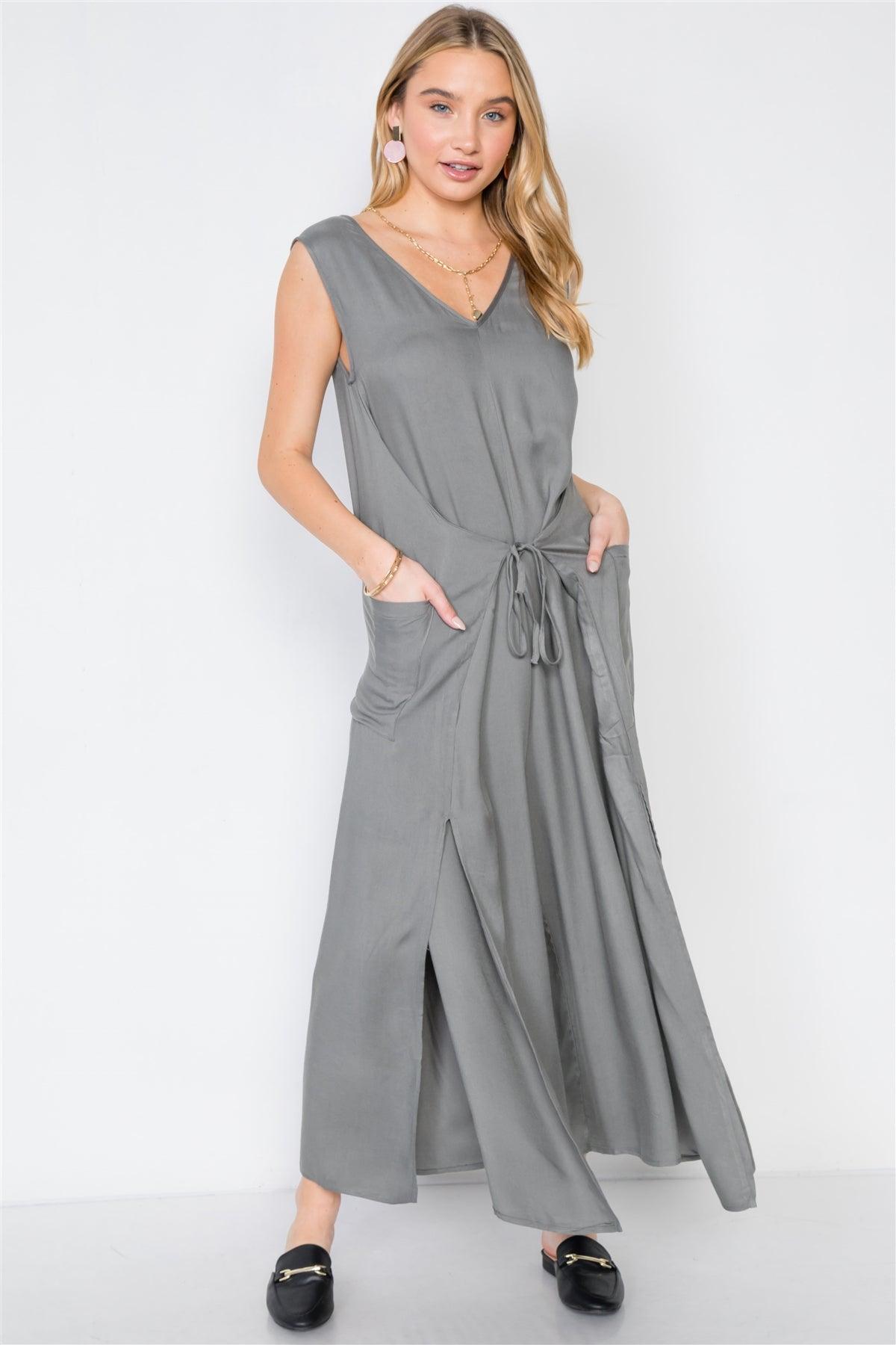 Ash Olive Side Slits Loose Fit Front-Tie Jumpsuit /3-2-1