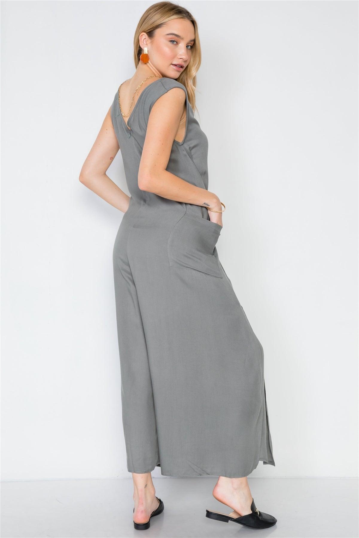 Ash Olive Side Slits Loose Fit Front-Tie Jumpsuit /3-2-1