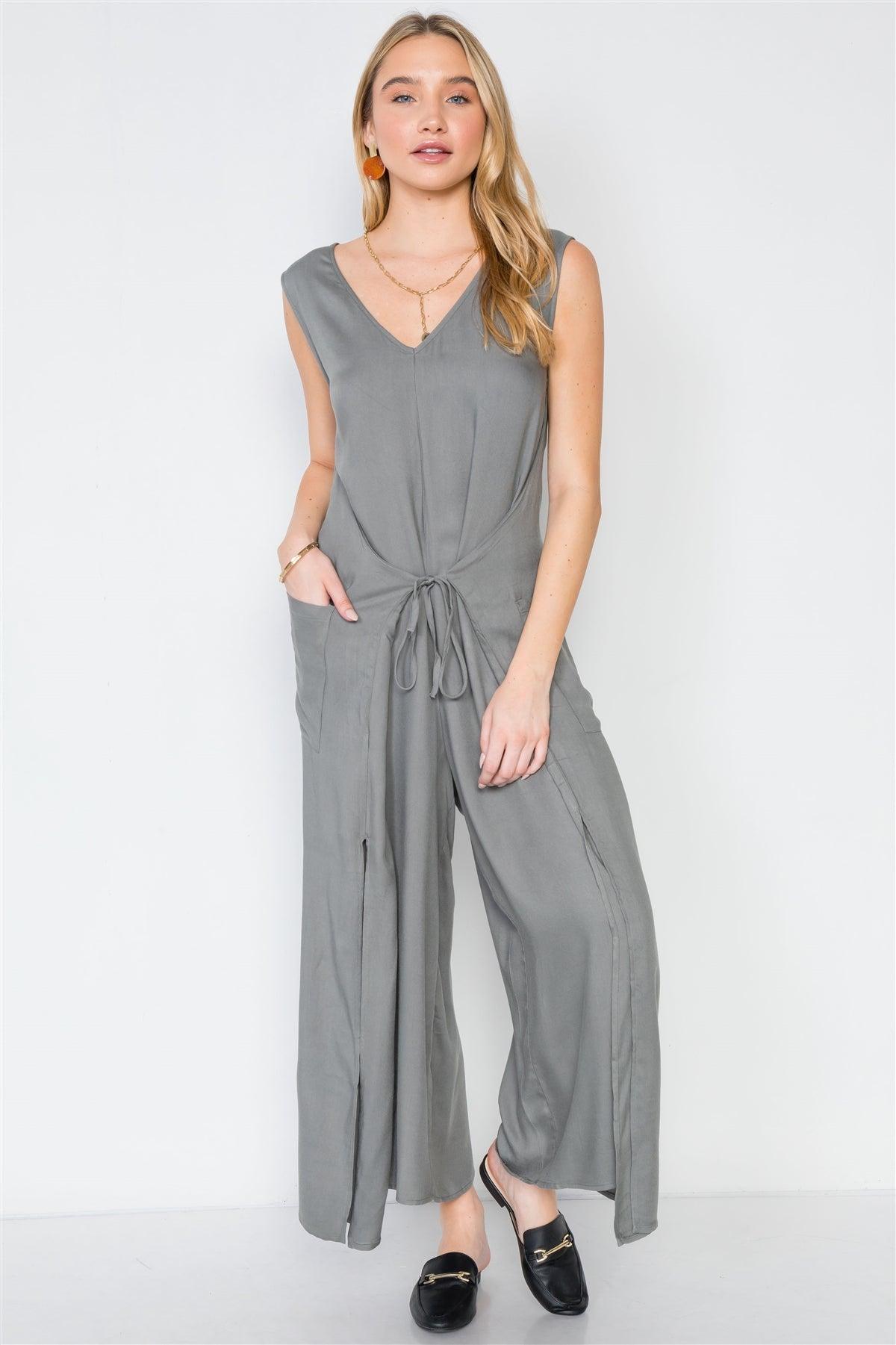 Ash Olive Side Slits Loose Fit Front-Tie Jumpsuit /3-2-1