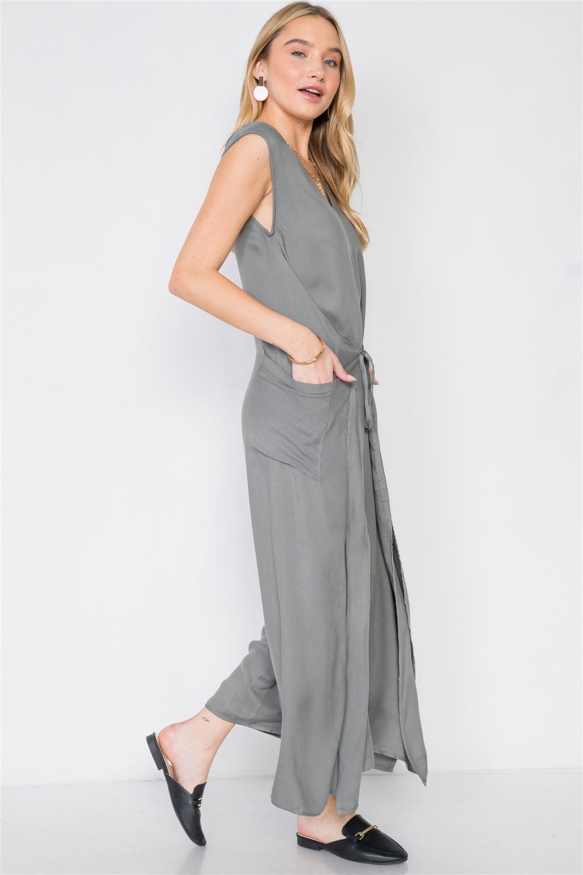 Ash Olive Side Slits Loose Fit Front-Tie Jumpsuit /3-2-1