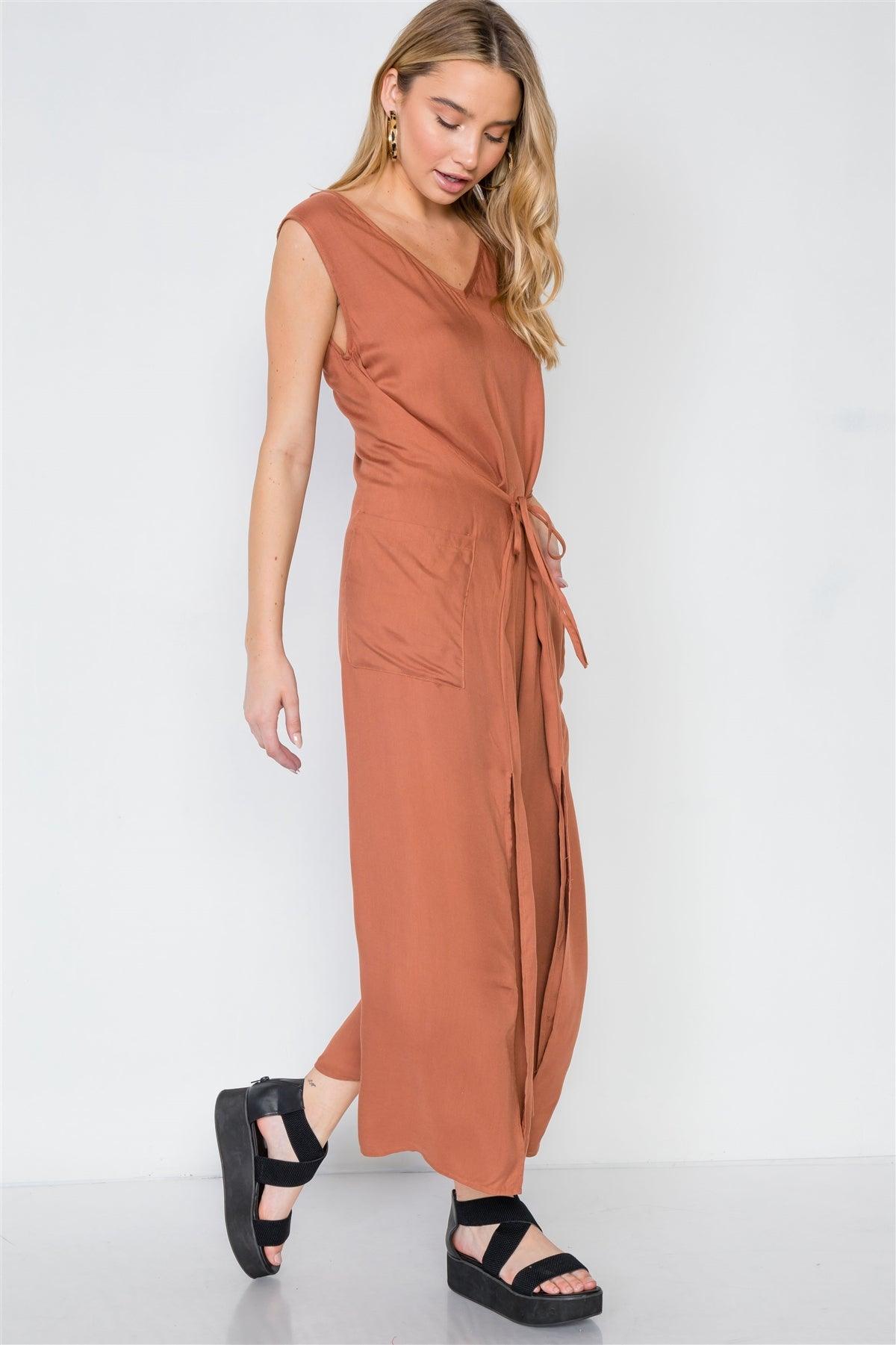 Caramel Side Slits Loose Fit Front-Tie Jumpsuit /3-1-1