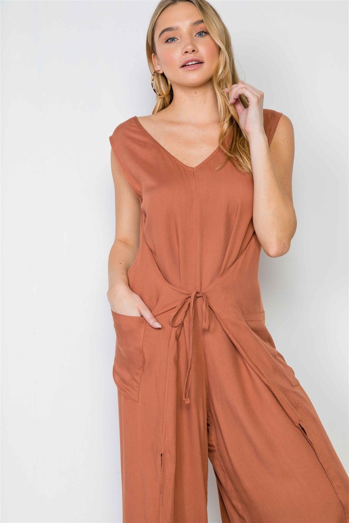 Caramel Side Slits Loose Fit Front-Tie Jumpsuit /3-1-1