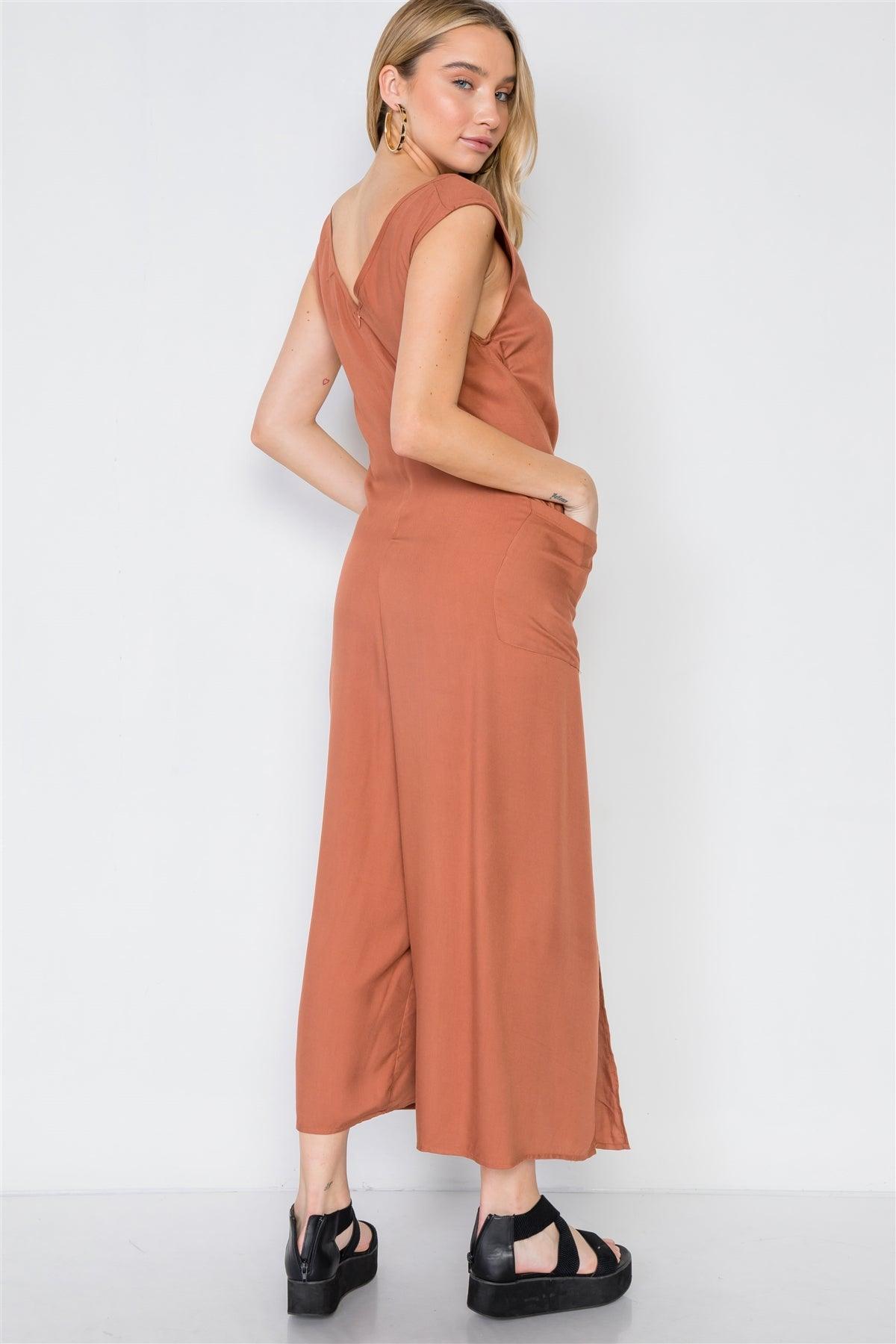 Caramel Side Slits Loose Fit Front-Tie Jumpsuit /3-1-1