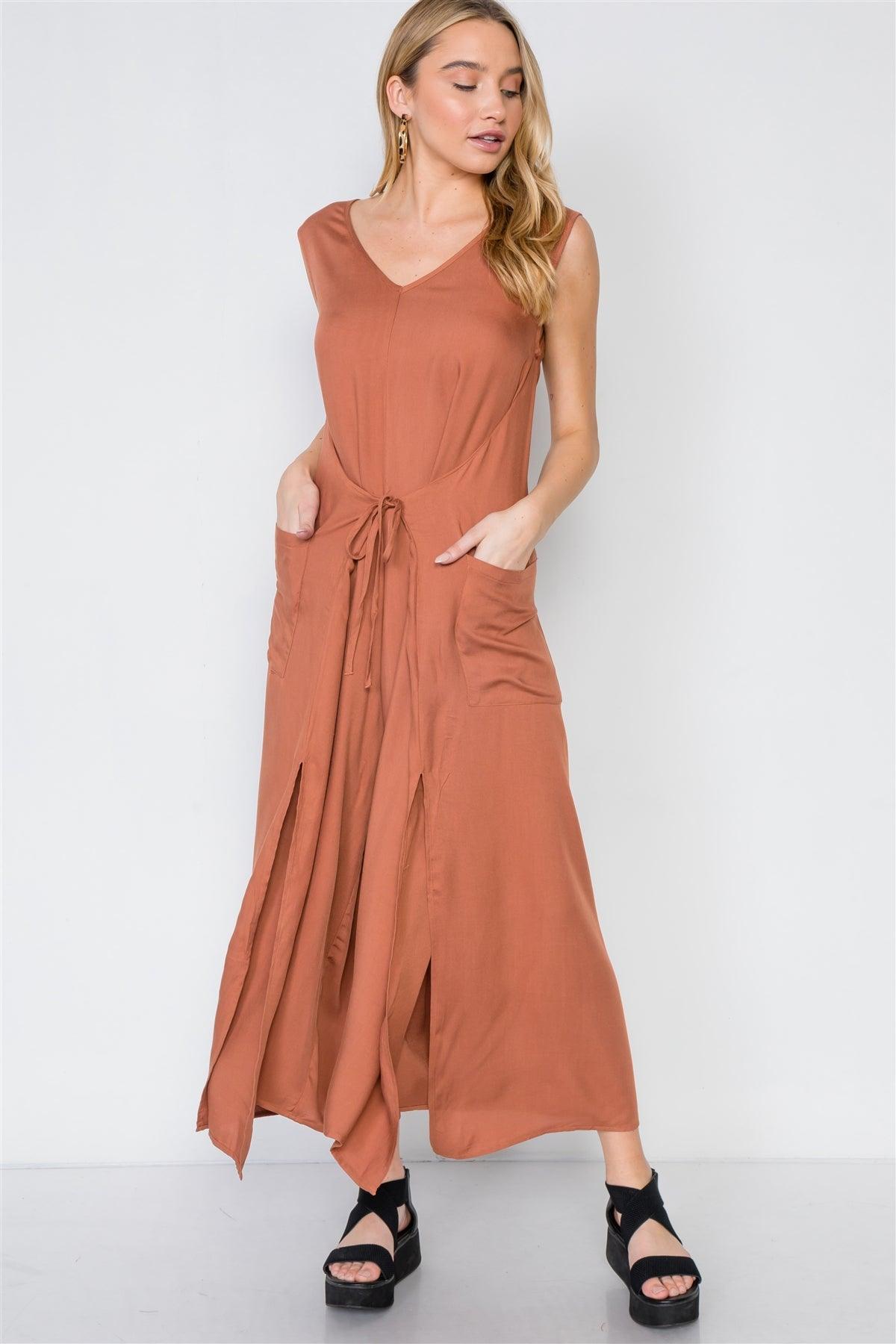 Caramel Side Slits Loose Fit Front-Tie Jumpsuit /3-1-1