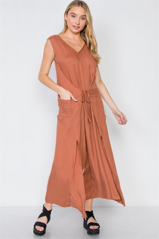 Caramel Side Slits Loose Fit Front-Tie Jumpsuit /3-2-1