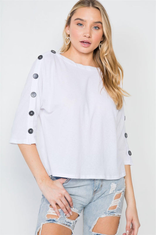 White 3/4 Sleeve Button Detail Knit Top /3-2-1