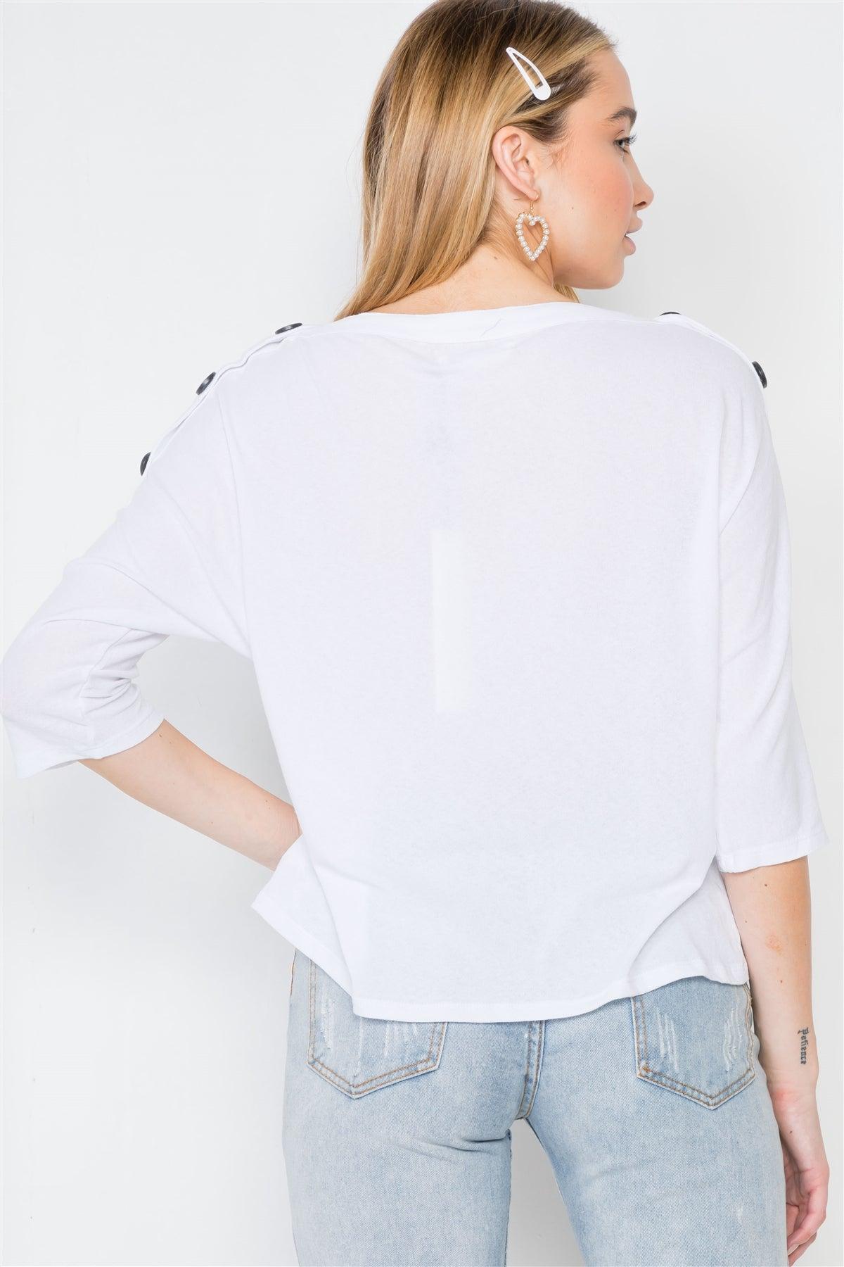 White 3/4 Sleeve Button Detail Knit Top /3-2-1