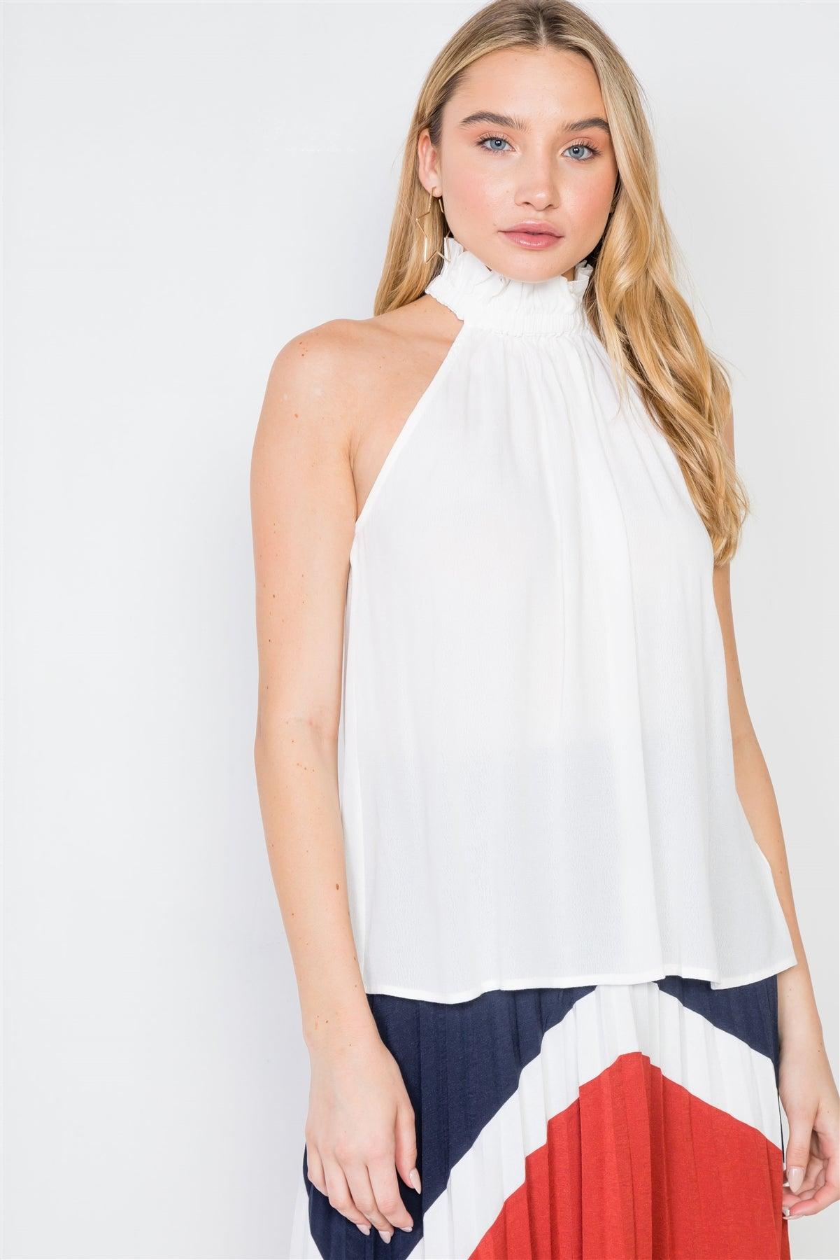 White Sleeveless Ruffle Mock-Neck Top /2-2-1