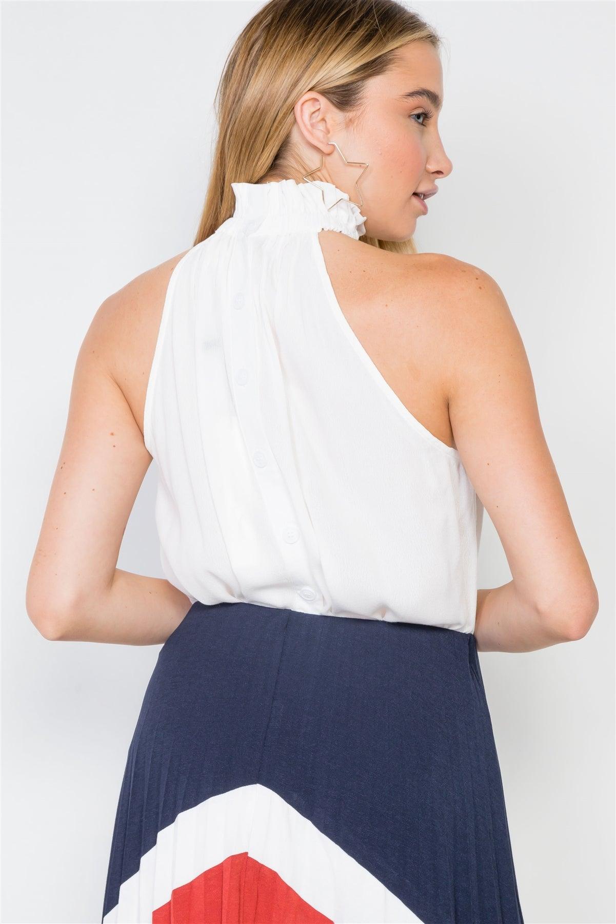 White Sleeveless Ruffle Mock-Neck Top /2-2-1