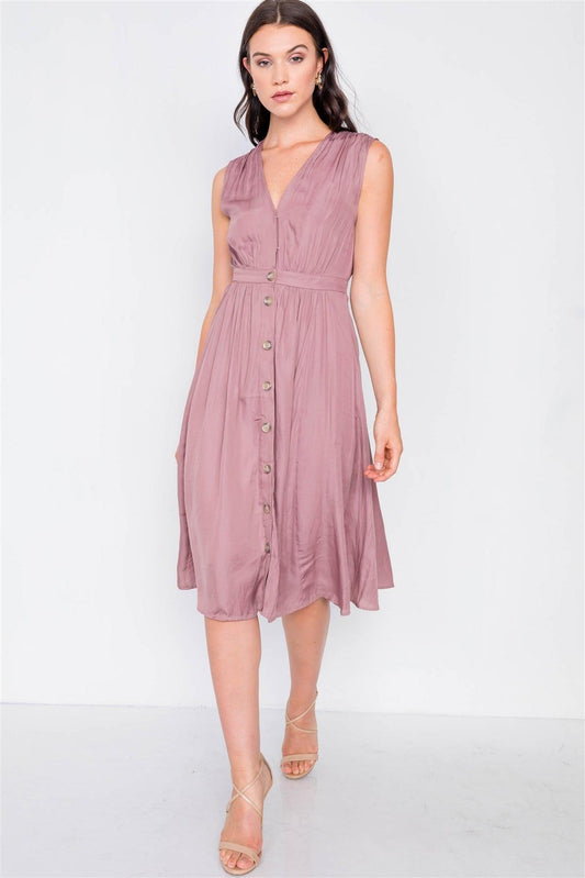 Mauve A-Line Pleated Flowy Satin Midi Dress /3-2-1