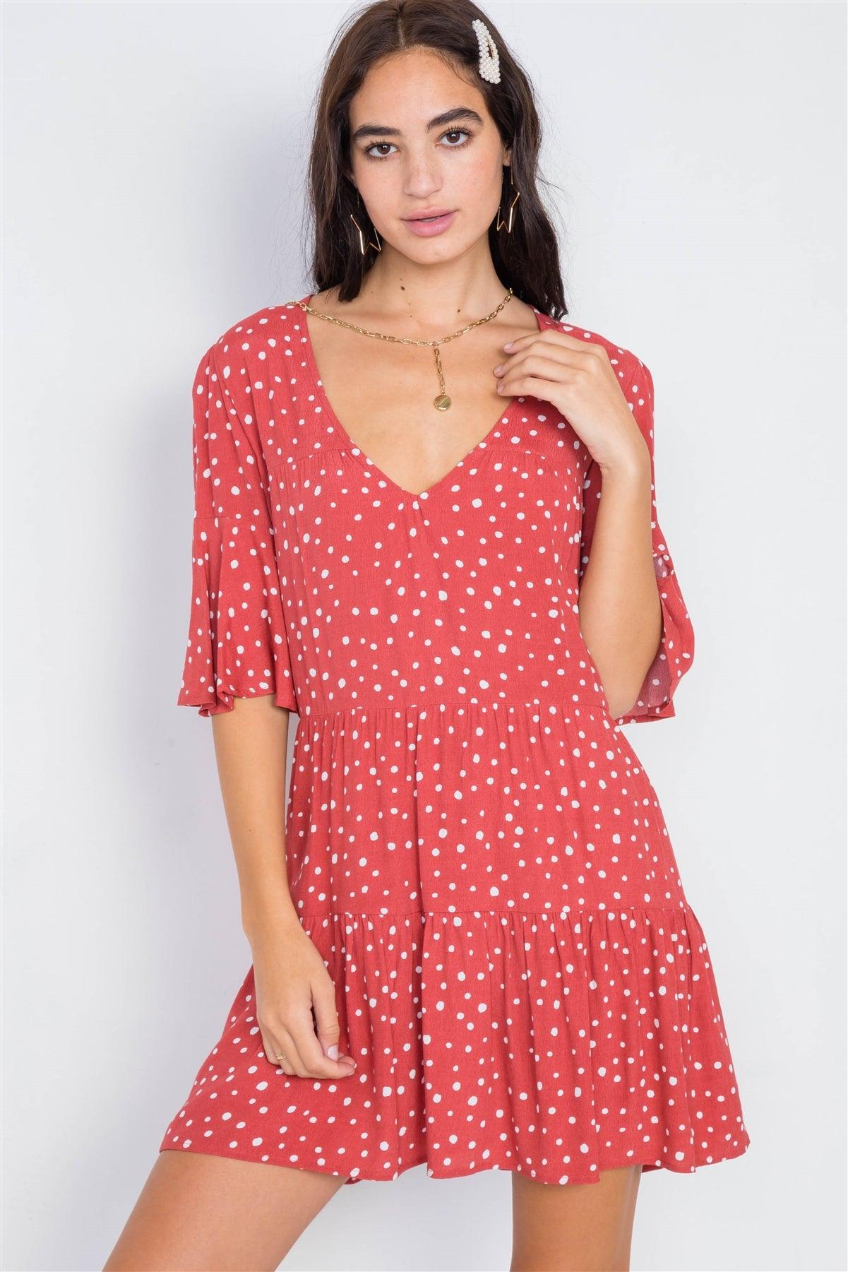 Clay Polkadot Boho Chic Flounce Sleeve Mini Dress /3-2-1