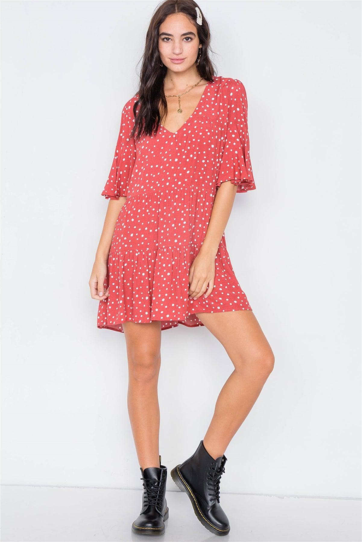 Clay Polkadot Boho Chic Flounce Sleeve Mini Dress /3-2-1