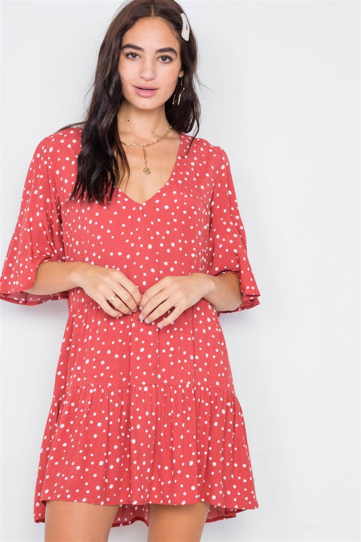 Clay Polkadot Boho Chic Flounce Sleeve Mini Dress /3-2-1