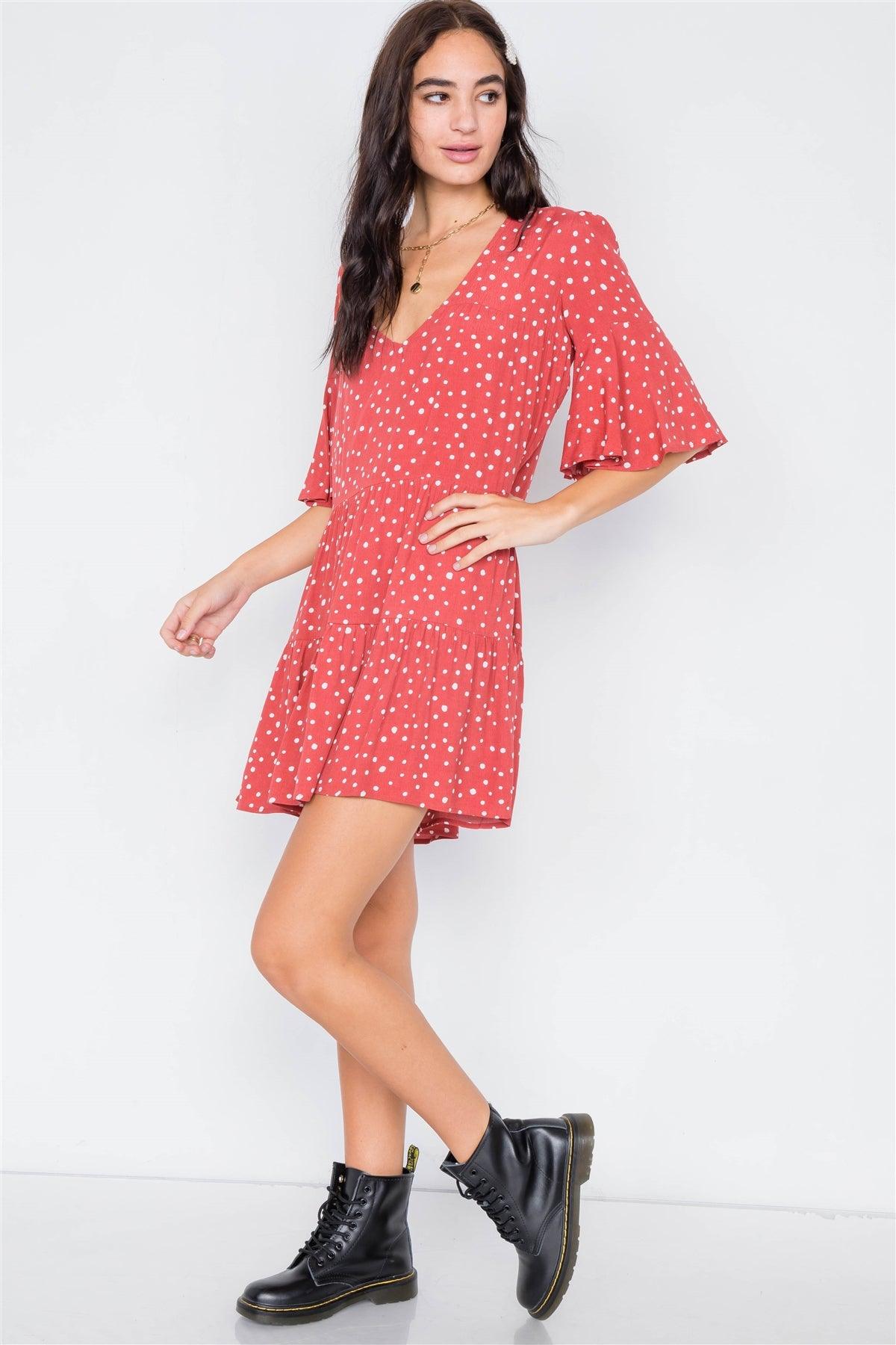 Clay Polkadot Boho Chic Flounce Sleeve Mini Dress /3-2-1