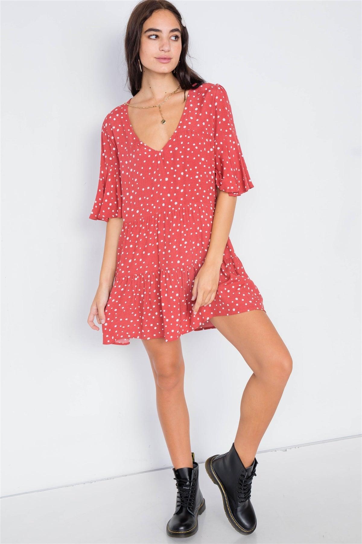 Clay Polkadot Boho Chic Flounce Sleeve Mini Dress /3-2-1