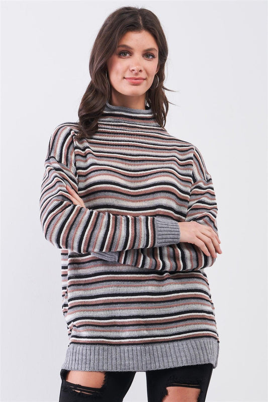 Grey Multi Woolen Striped Turtle Neck Long Sleeve Loose Fit Multi-Knit Sweaters /3-2-1