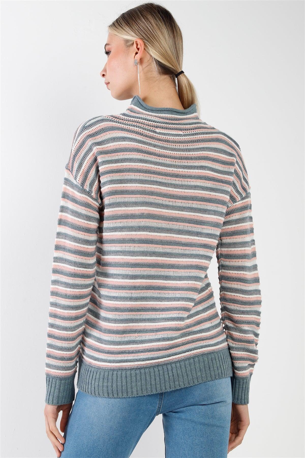 Teal Pink Multi Woolen Striped Turtle Neck Long Sleeve Loose Fit Multi-Knit Sweaters /3-2-1