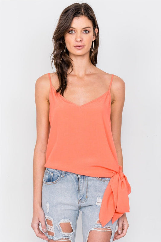 Tangerine Self Tie Side Sash V-Neck Casual Cami Top  /3-2-1