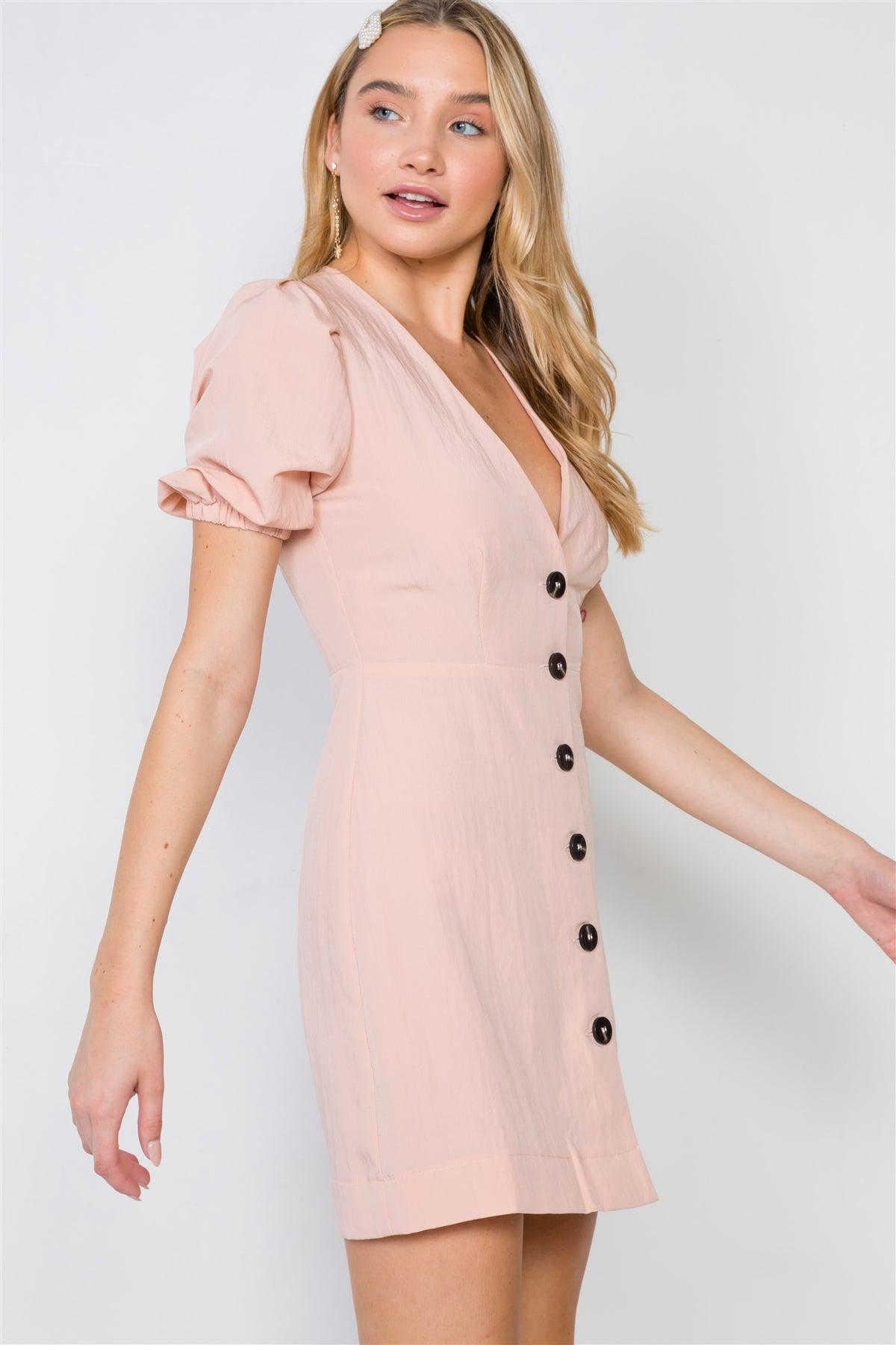 Peach Button-Front V-Neck Mini Dress /3-2-1