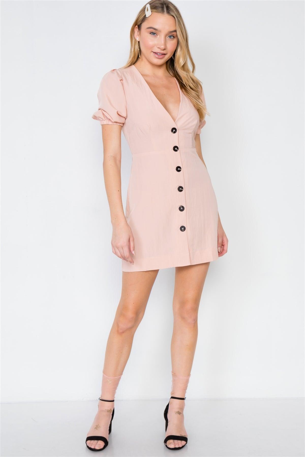 Peach Button-Front V-Neck Mini Dress /3-2-1