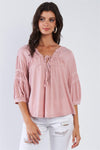 Dusty Pink Boho Chic Mid Arm Sleeve V-Neck Front Tie Loose Fit Top /3-2-1