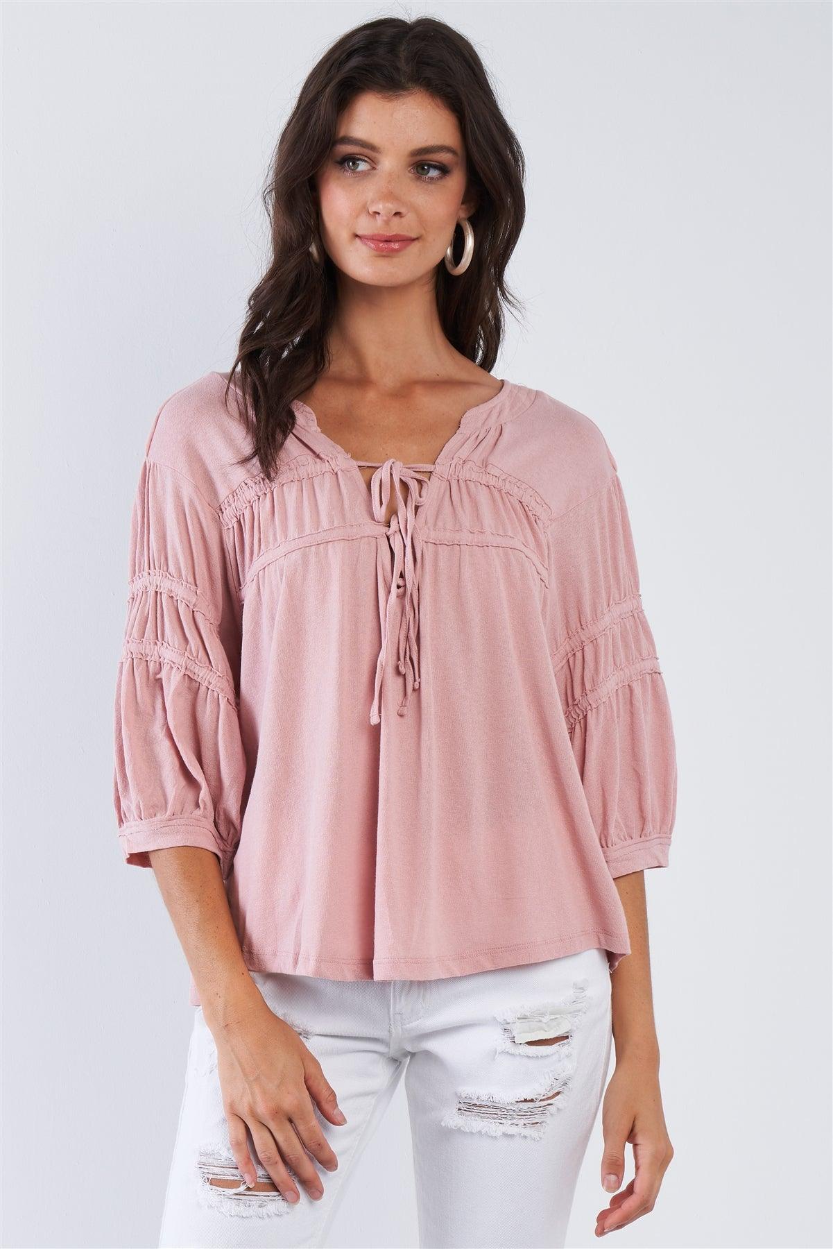 Dusty Pink Boho Chic Mid Arm Sleeve V-Neck Front Tie Loose Fit Top /3-2-1