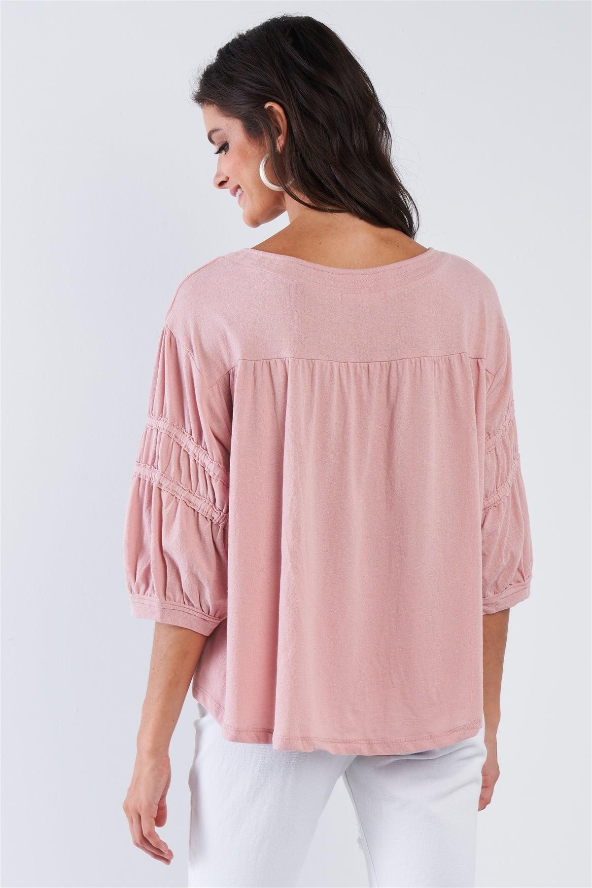 Dusty Pink Boho Chic Mid Arm Sleeve V-Neck Front Tie Loose Fit Top /3-2-1