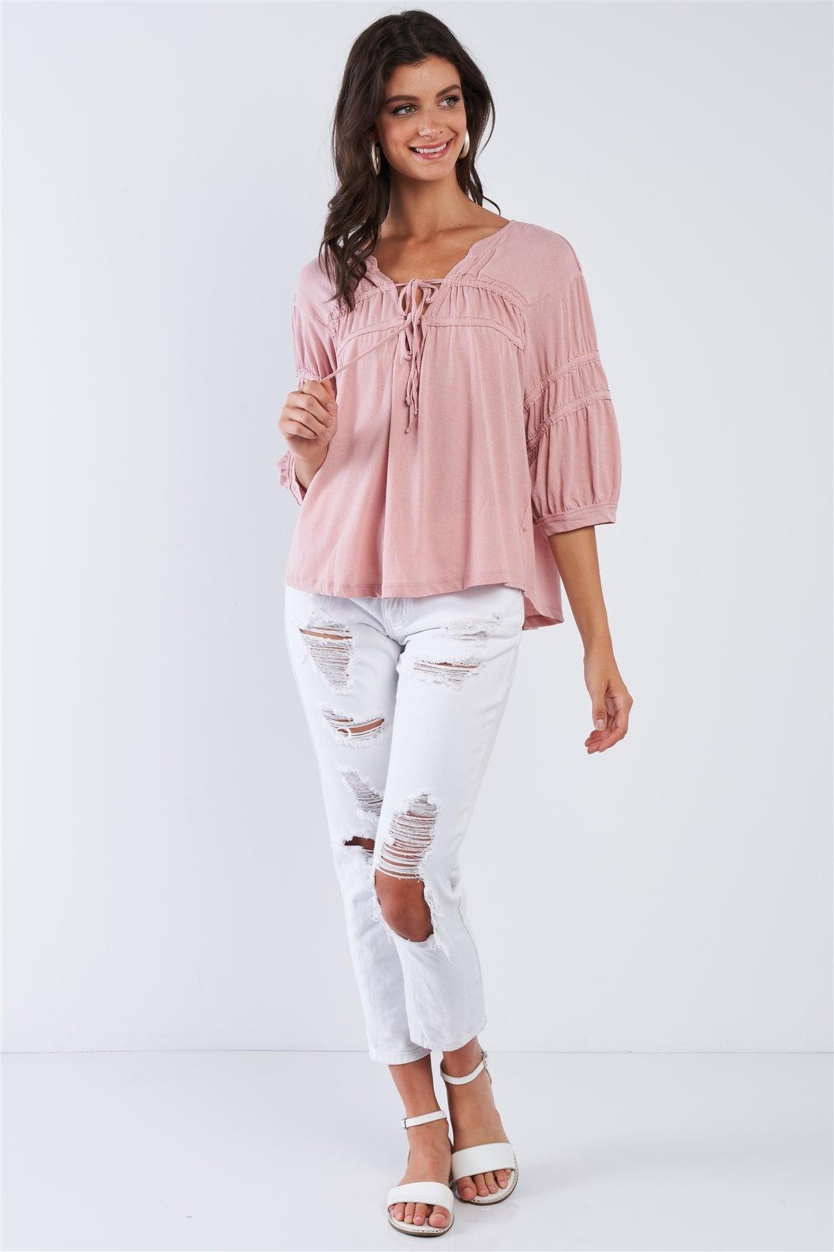 Dusty Pink Boho Chic Mid Arm Sleeve V-Neck Front Tie Loose Fit Top /3-2-1