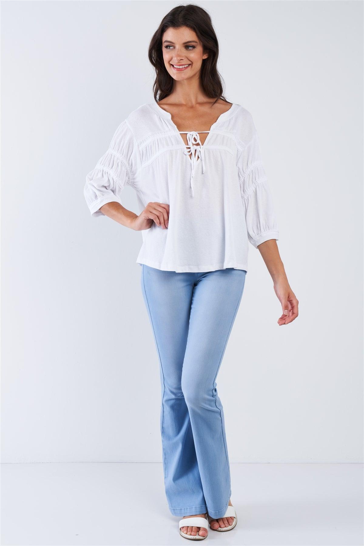 White Boho Chic Mid Arm Sleeve V-Neck Front Tie Loose Fit Top /3-2-1