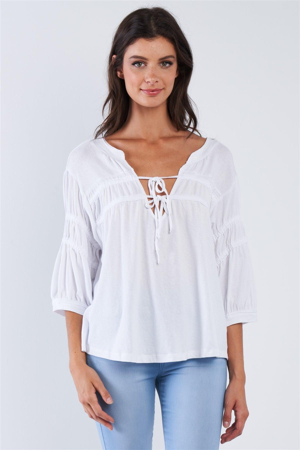 White Boho Chic Mid Arm Sleeve V-Neck Front Tie Loose Fit Top /3-2-1