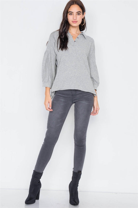 Heather Grey Cotton Raw Hem V-Neck Cinched Top /3-2-1