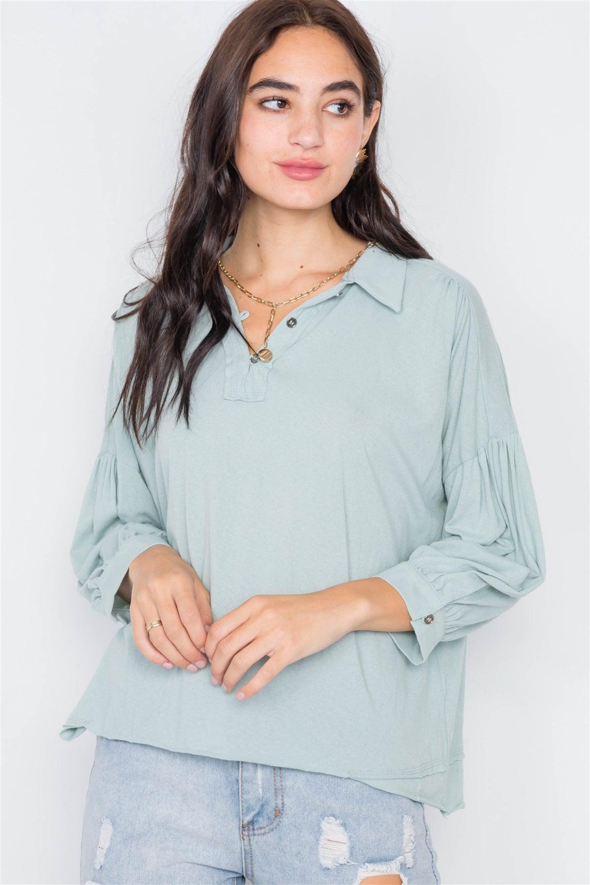 Sage Cotton Raw Hem V-Neck Cinched Top /3-2-1