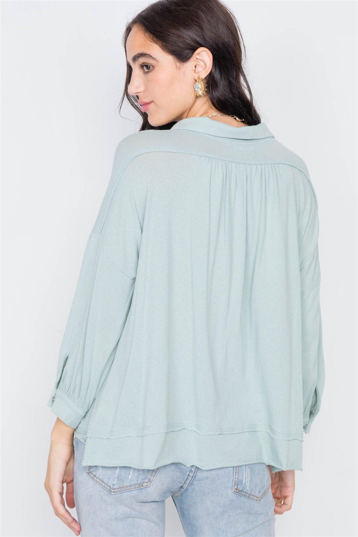 Sage Cotton Raw Hem V-Neck Cinched Top /3-2-1