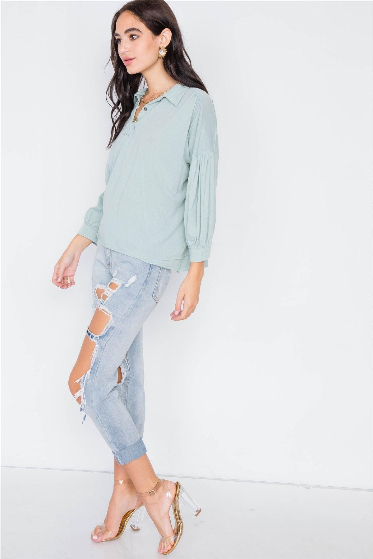 Sage Cotton Raw Hem V-Neck Cinched Top /3-2-1