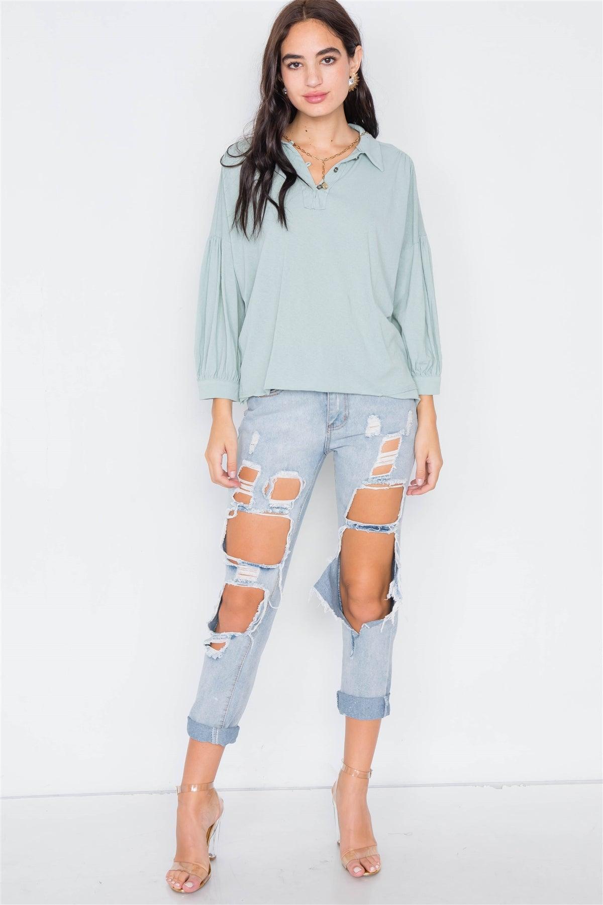 Sage Cotton Raw Hem V-Neck Cinched Top /3-2-1