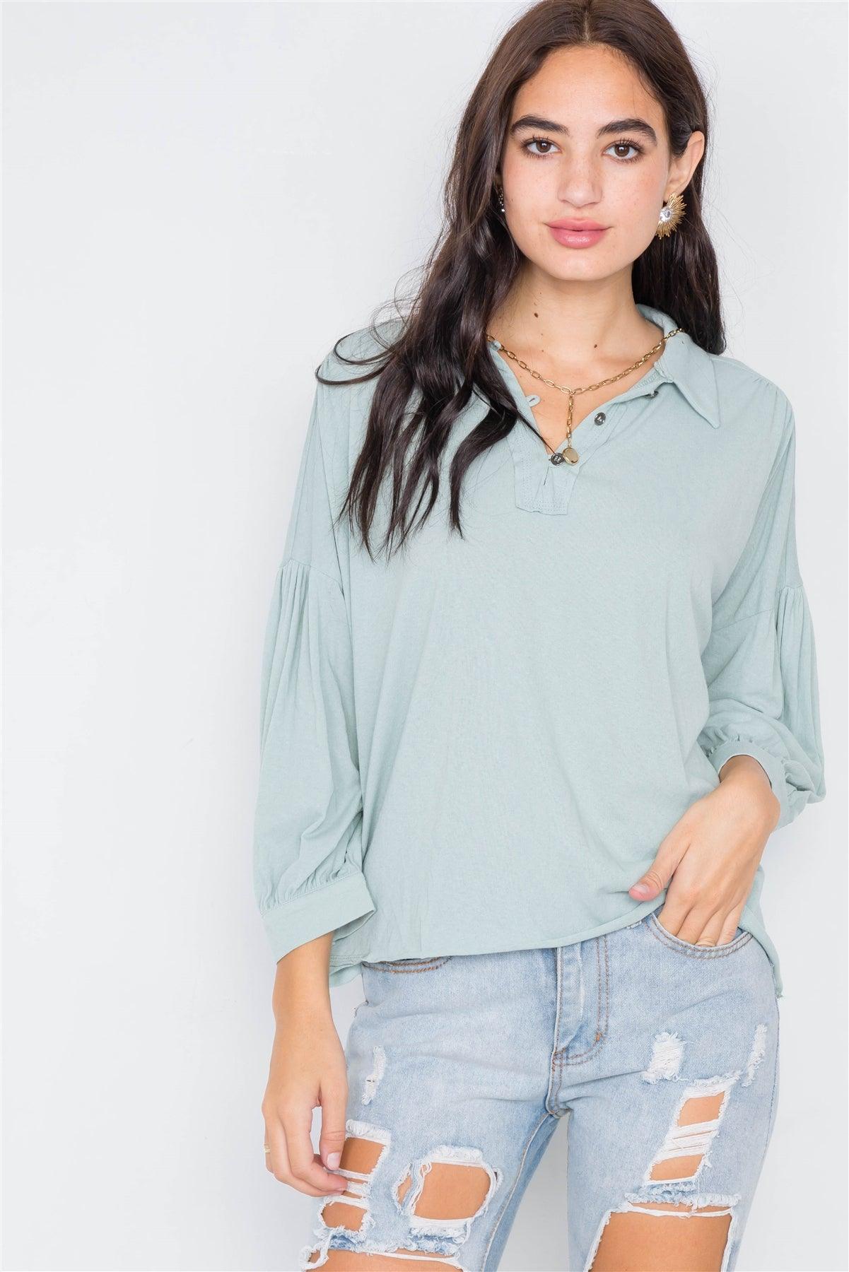 Sage Cotton Raw Hem V-Neck Cinched Top /3-2-1