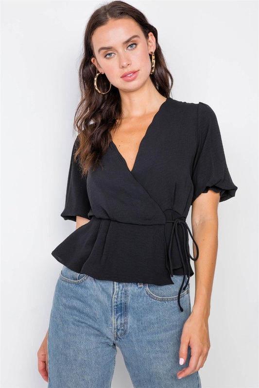 Black Scallop Wrap Peplum Top /3-2-1