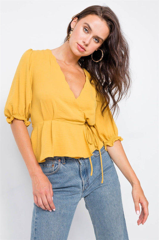 Mustard Scallop Wrap Peplum Top  /3-2-1