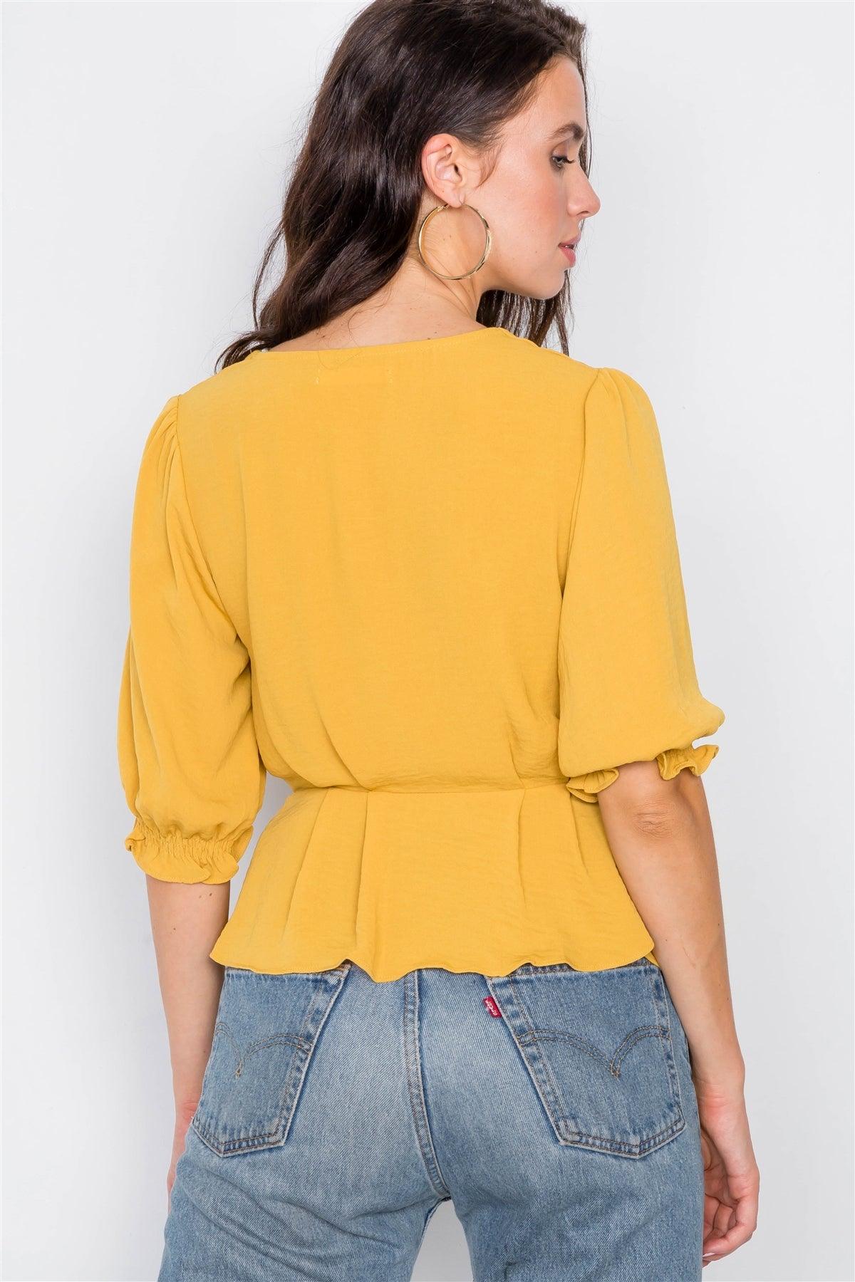 Mustard Scallop Wrap Peplum Top  /3-2-1