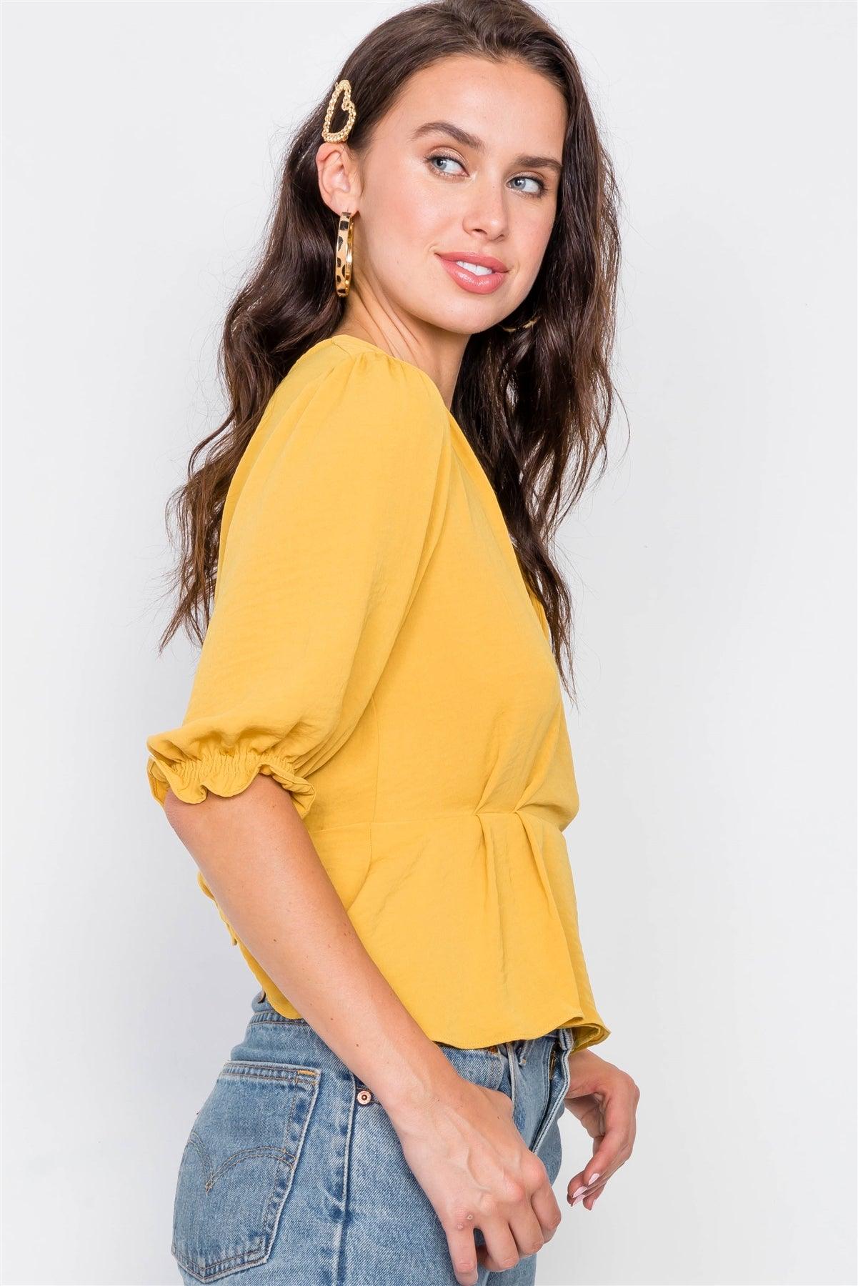 Mustard Scallop Wrap Peplum Top  /3-2-1