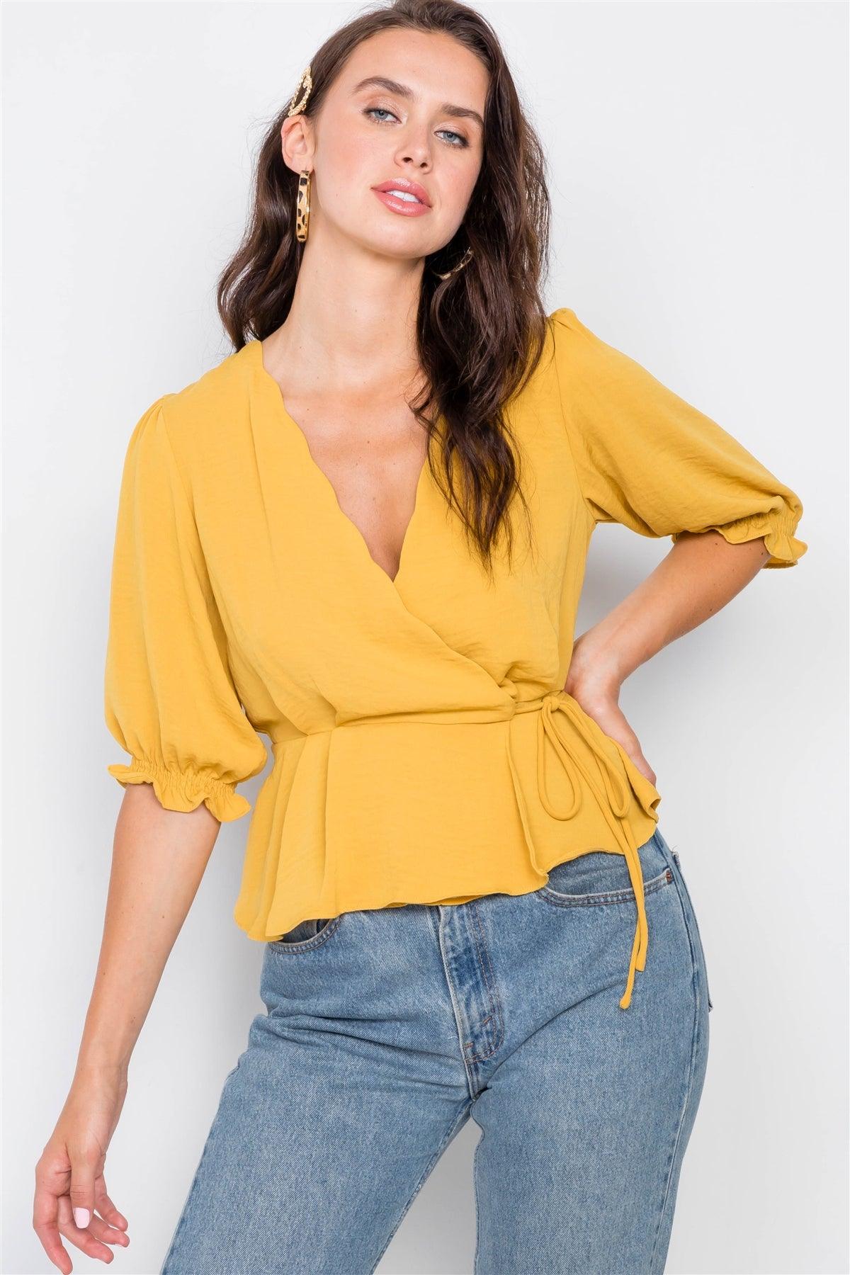 Mustard Scallop Wrap Peplum Top  /3-2-1