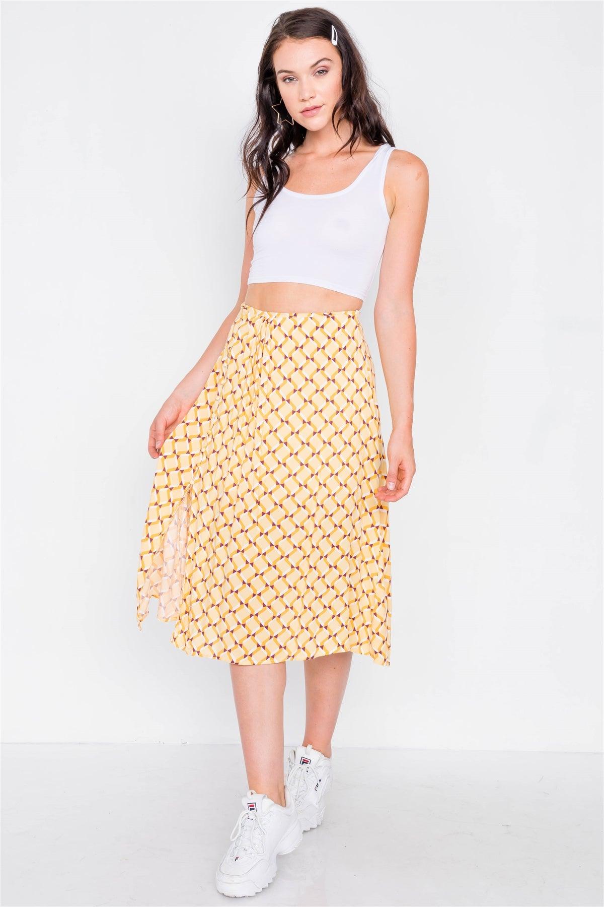 Mustard Geo Print Pleated High-Waisted Midi Skirt /3-2-1