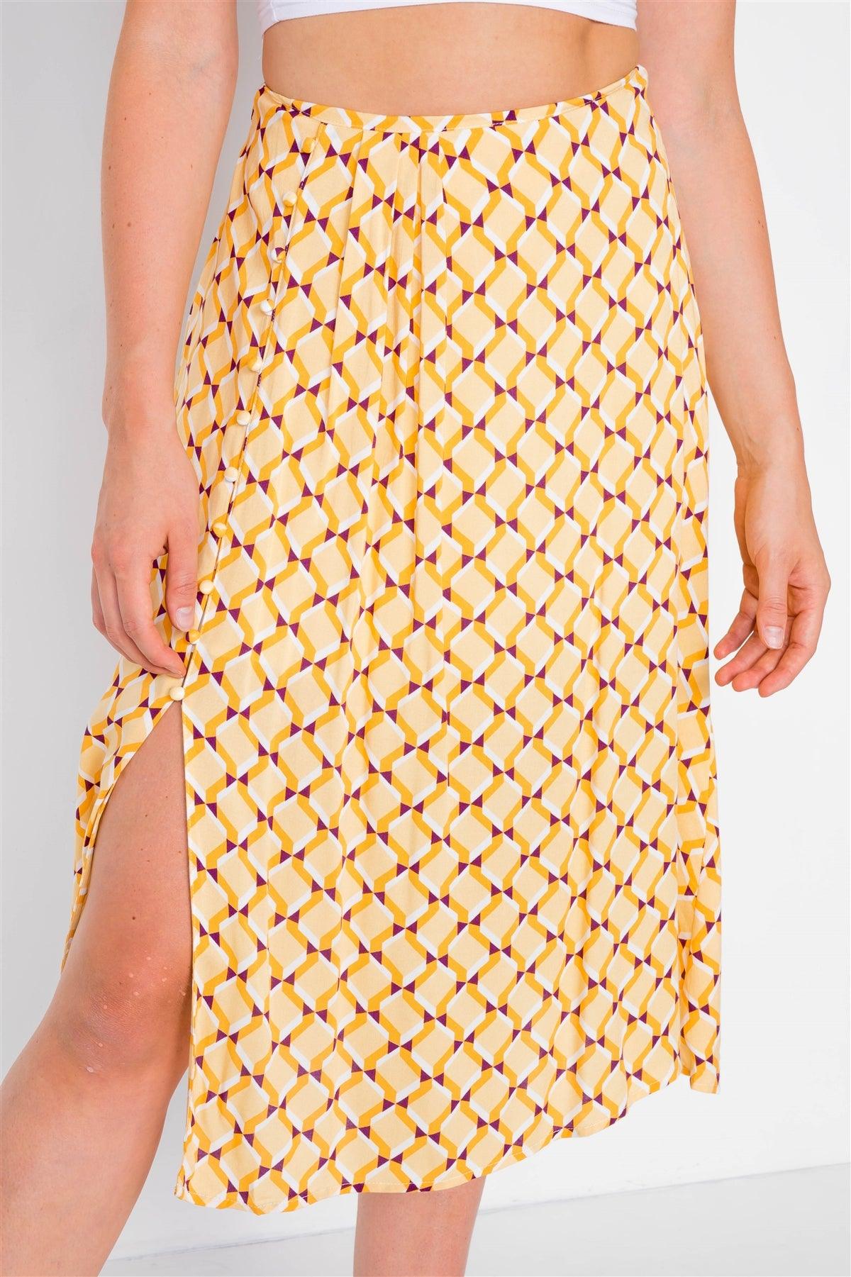 Mustard Geo Print Pleated High-Waisted Midi Skirt /3-2-1