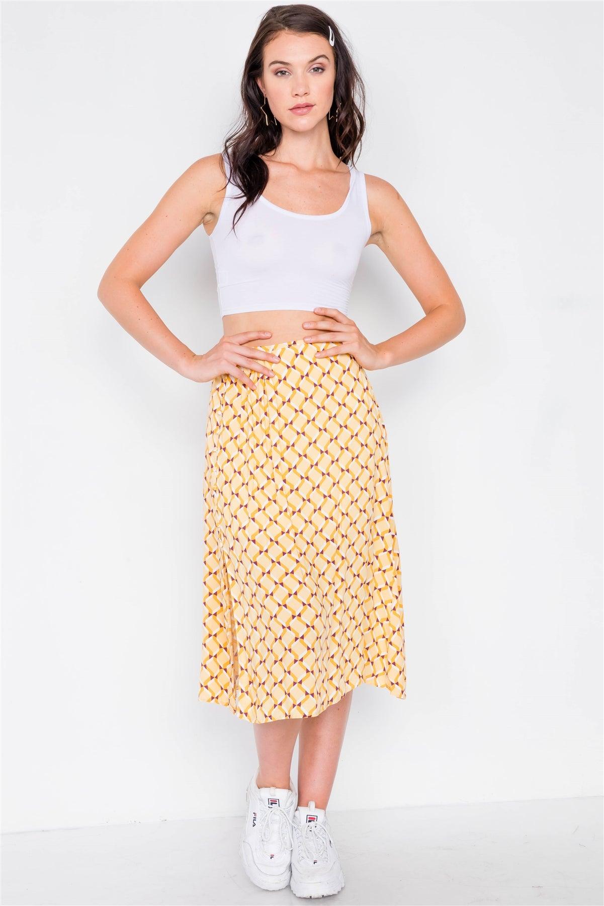 Mustard Geo Print Pleated High-Waisted Midi Skirt /3-2-1