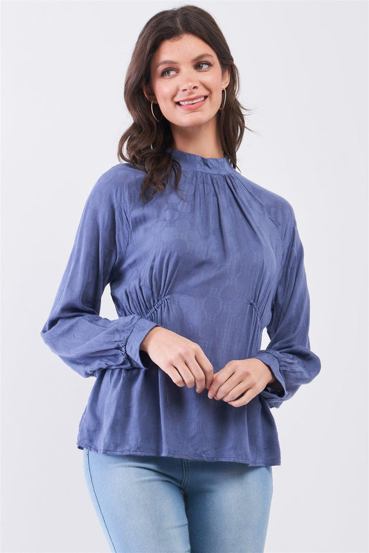 Indian Blue Boho Circle Pattern Mock Neck Long Sleeve Blouse Top /3-2-1