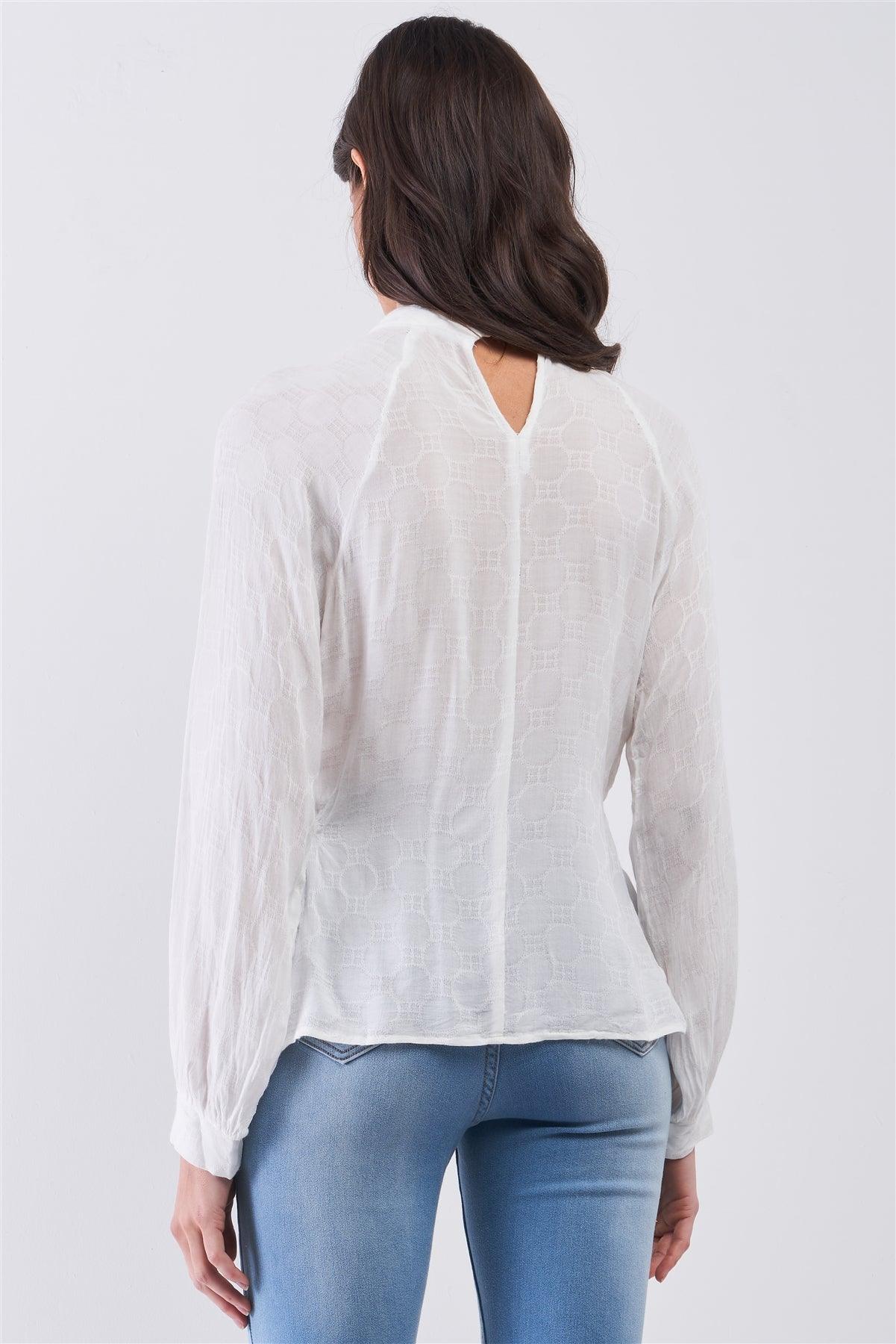 Boho White Circle Pattern Mock Neck Long Sleeve Blouse Top /3-2-1