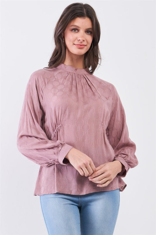 Boho Wood Rose Circle Pattern Mock Neck Long Sleeve Blouse Top /3-2-1