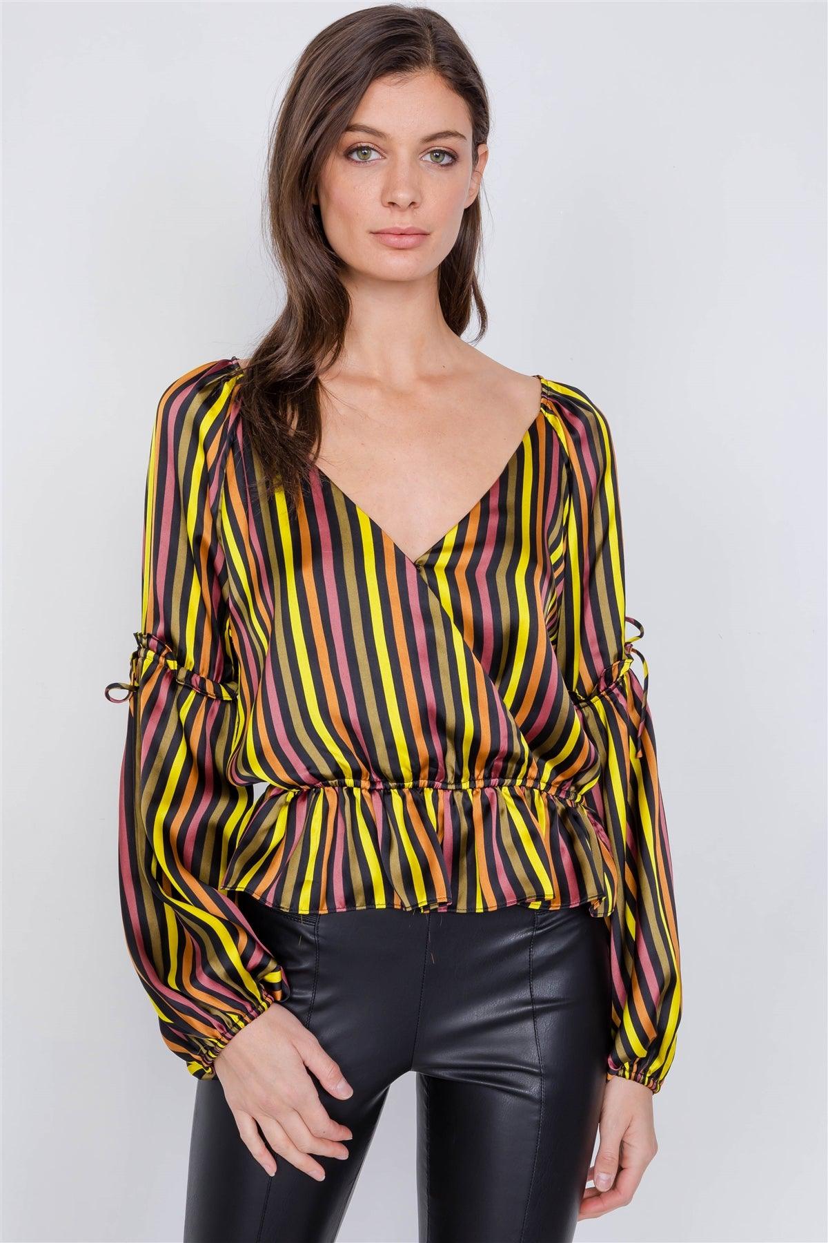 Satin Multi Stripe V-Neck Tiered Balloon Puff Sleeve Peplum Top /3-2-1